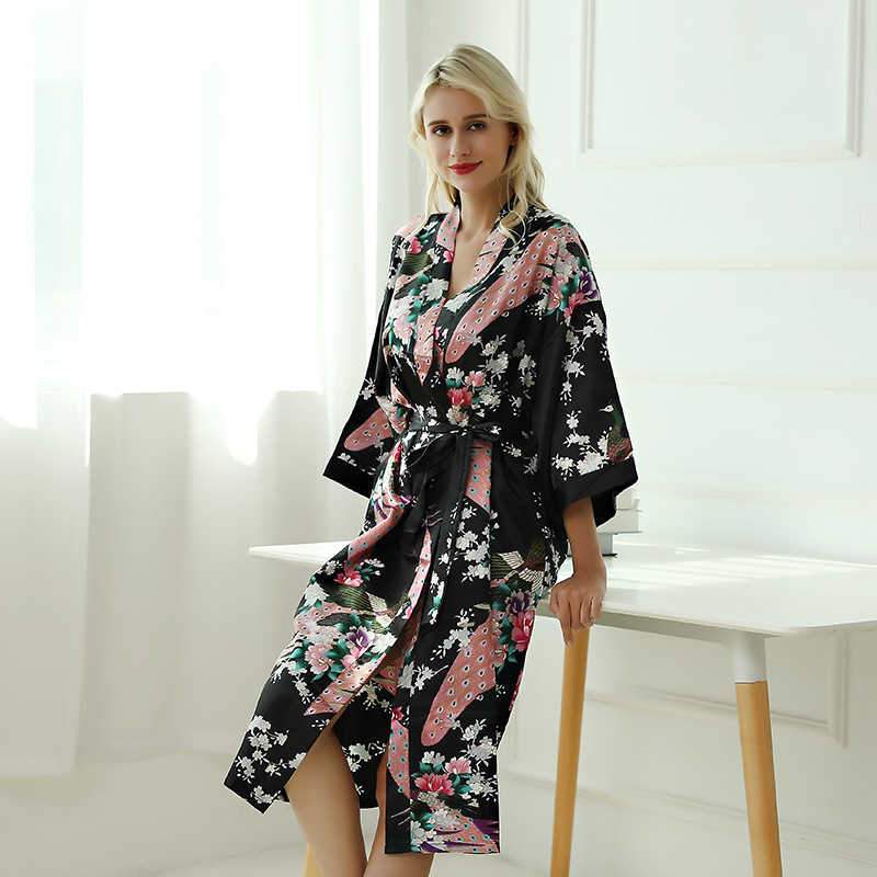 Women's Peacock Printing Long Ultra-thin Night-Robe