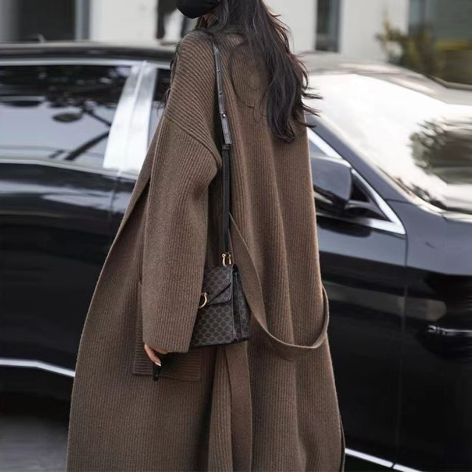 Ladies Lapel Long Loose Knit Cardigan Jacket
