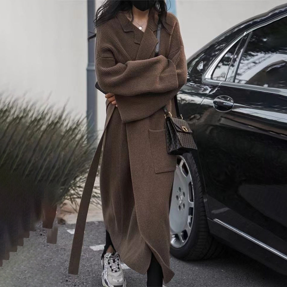 Ladies Lapel Long Loose Knit Cardigan Jacket
