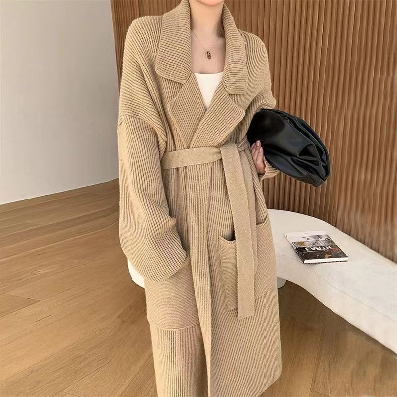 Ladies Lapel Long Loose Knit Cardigan Jacket