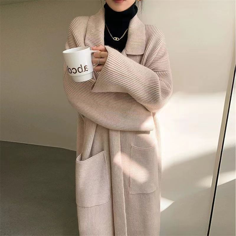 Ladies Lapel Long Loose Knit Cardigan Jacket