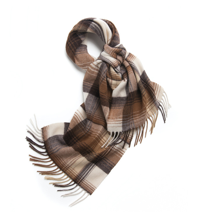 Unisex 100% Cashmere Winter Plaid Fringed Scarf