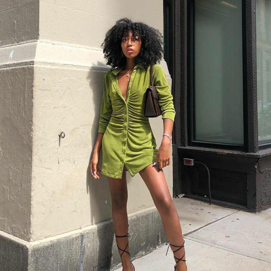 Women Sexy Shirt Dress Pleated Slim Shirt