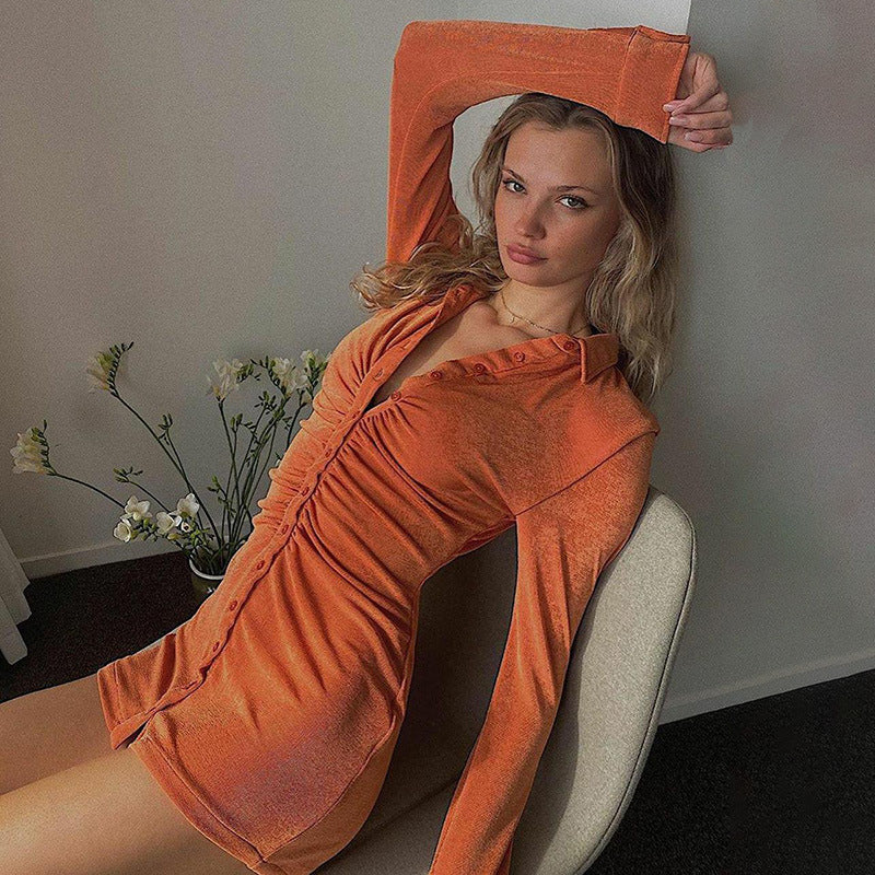 Women Sexy Shirt Dress Pleated Slim Shirt