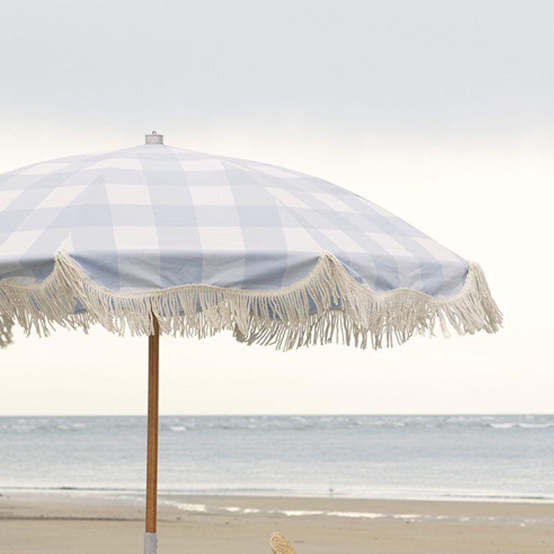 Parasol 40 Inch 8 Bone Blue Checkered Fringed Beach Umbrella