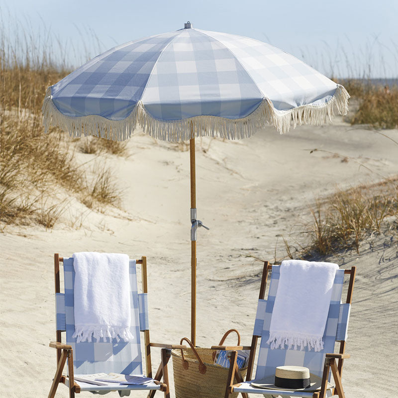 Parasol 40 Inch 8 Bone Blue Checkered Fringed Beach Umbrella