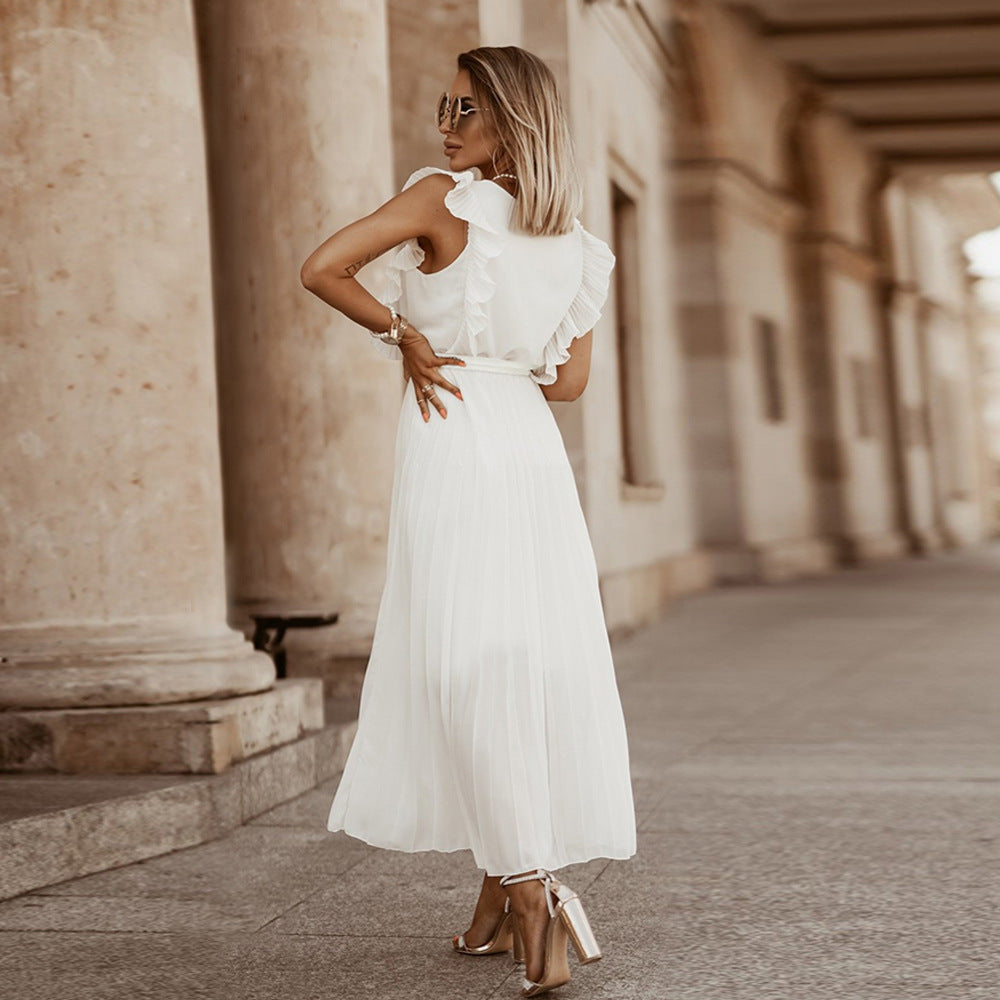 Chiffon Pleated Skirt Solid Color Dress