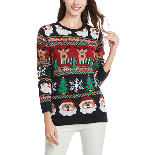 Woman Santa Claus Christmas Tree Embroidery Sweater