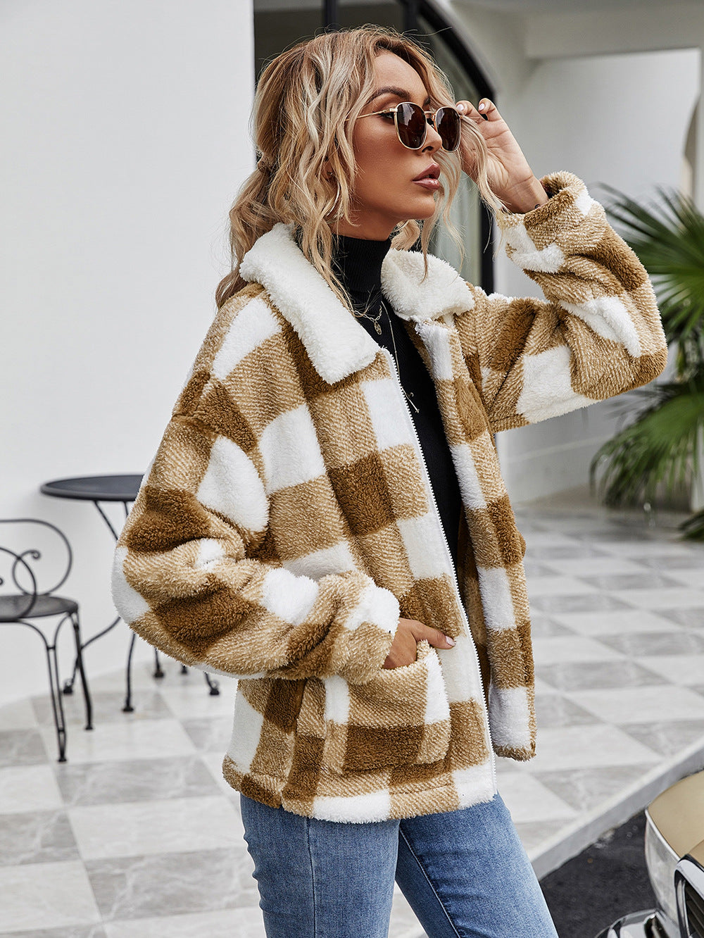 Women's Cardigan Lapel Plush Plaid Jacket