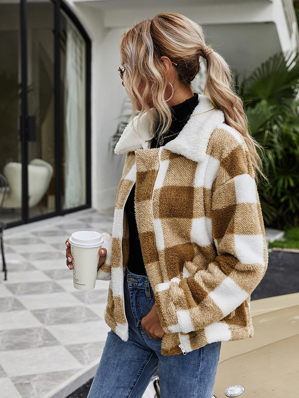 Women's Cardigan Lapel Plush Plaid Jacket