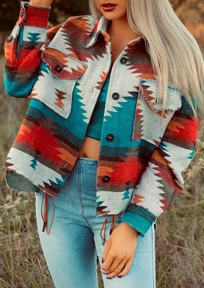 Aztec Geometric Slit Button Pocket Coat