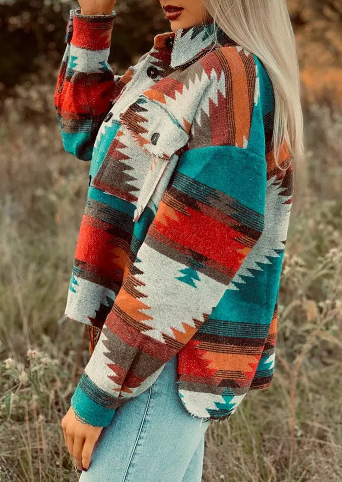 Aztec Geometric Slit Button Pocket Coat
