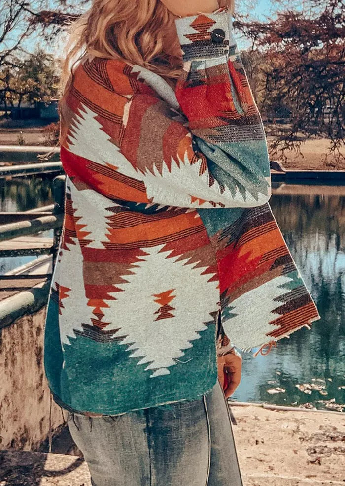 Aztec Geometric Slit Button Pocket Coat