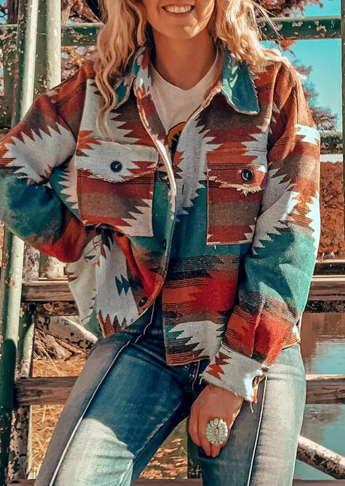 Aztec Geometric Slit Button Pocket Coat