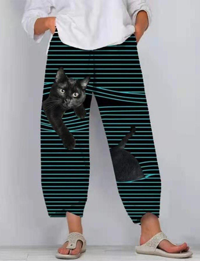 Black Cat Print Striped Patchwork Elastic Waist Plus Size Pants