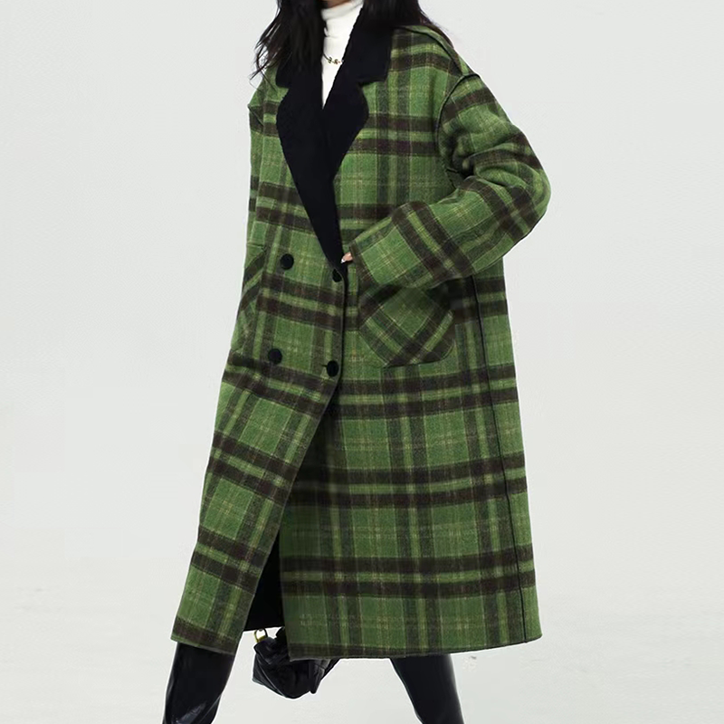 Women's Two Wear Christmas Green Plaid Long Jacket