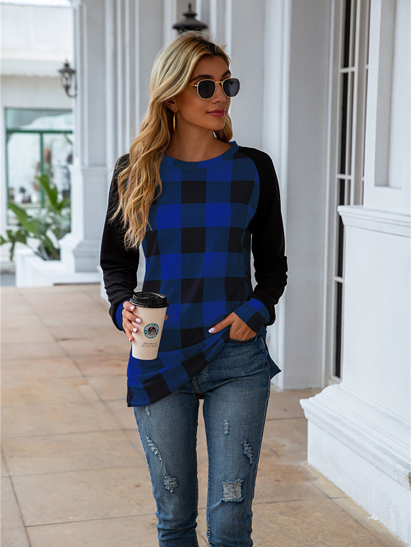 Plaid O-Neck Splicing Cardigan Women's Sweatshirt