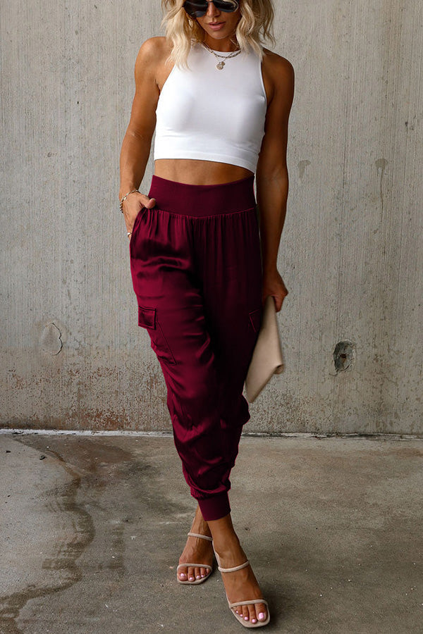 Women's Satin High Waist Pocket Jogging Pants