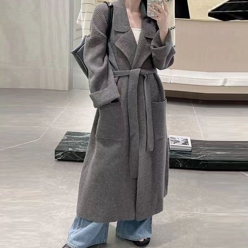 Ladies Lapel Long Loose Knit Cardigan Jacket