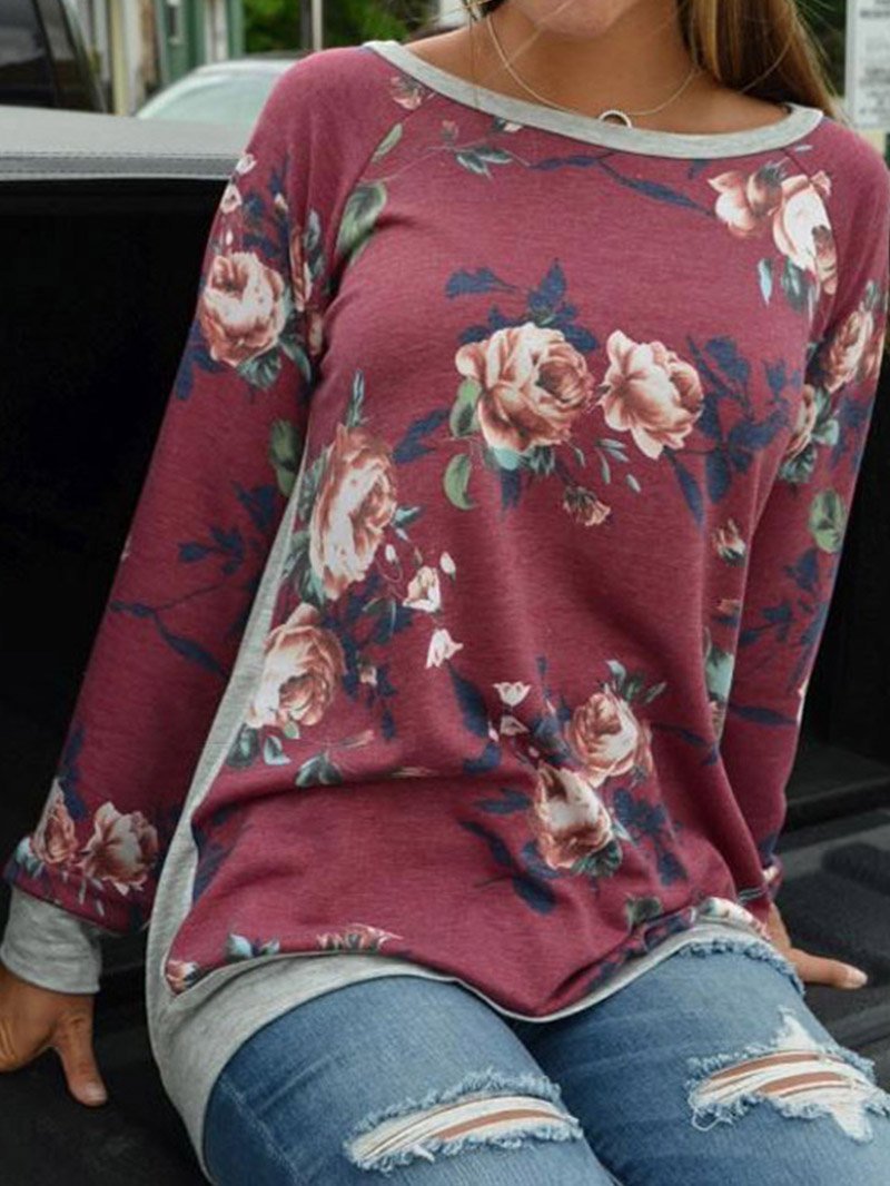 Floral Patchwork Round Neck Women's Long Sleeves Shirt