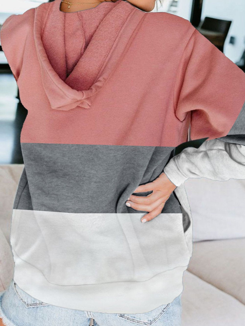 Color Block Hoodie Zipper Lace Hooded Womens Sweatshirt