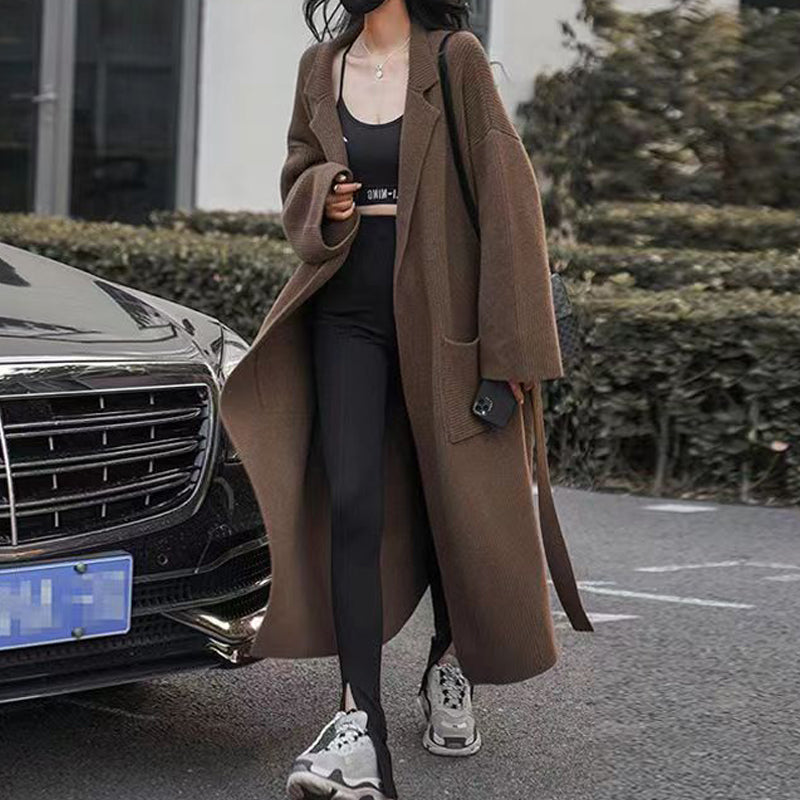 Ladies Lapel Long Loose Knit Cardigan Jacket
