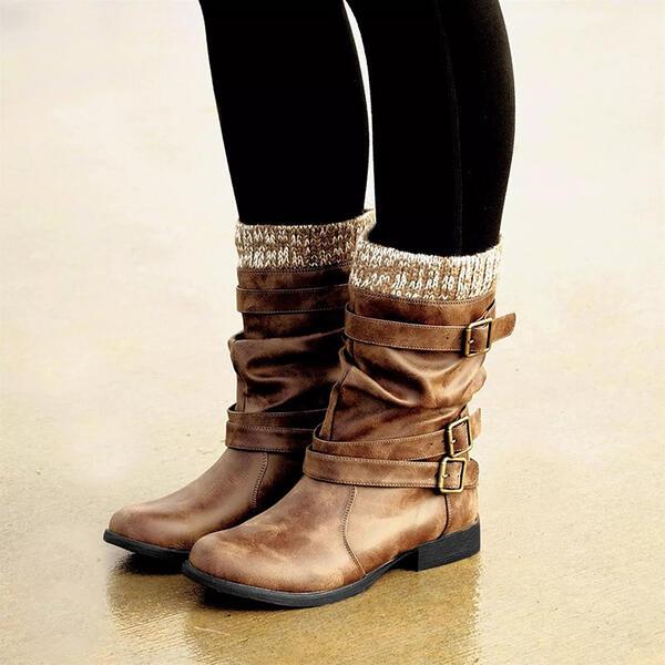 Women's PU Flat Heel Boots Mid-Calf Boots Winter Boots With Buckle Shoes