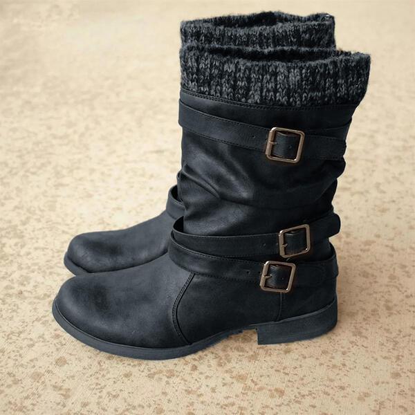 Women's PU Flat Heel Boots Mid-Calf Boots Winter Boots With Buckle Shoes