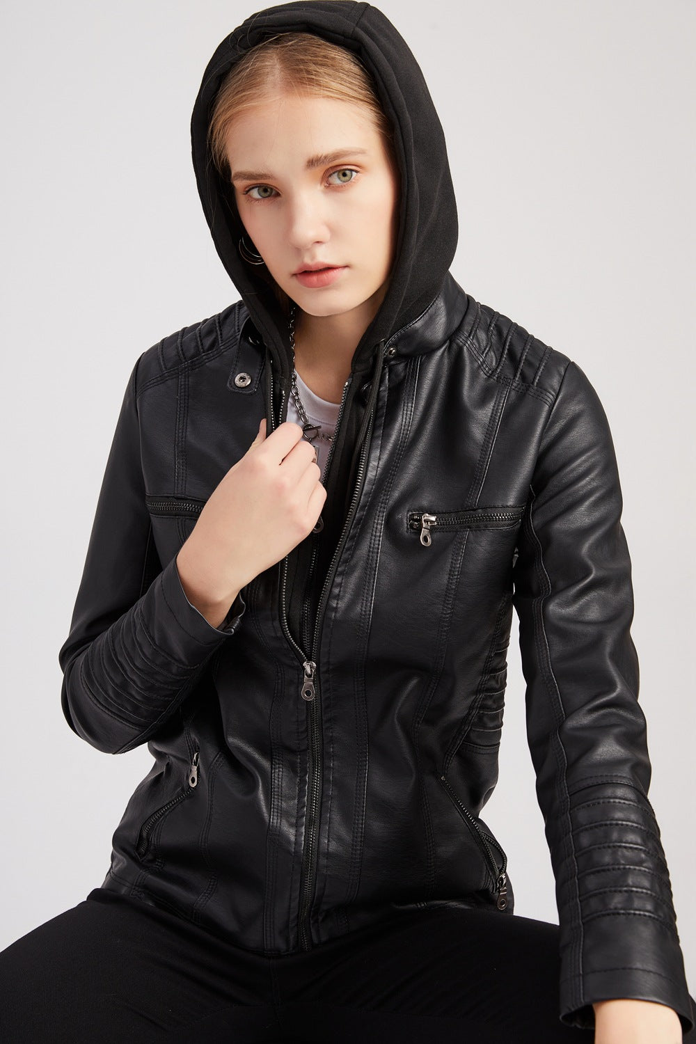 Women's Hooded Two-piece Detachable Plus Size Leather Jacket