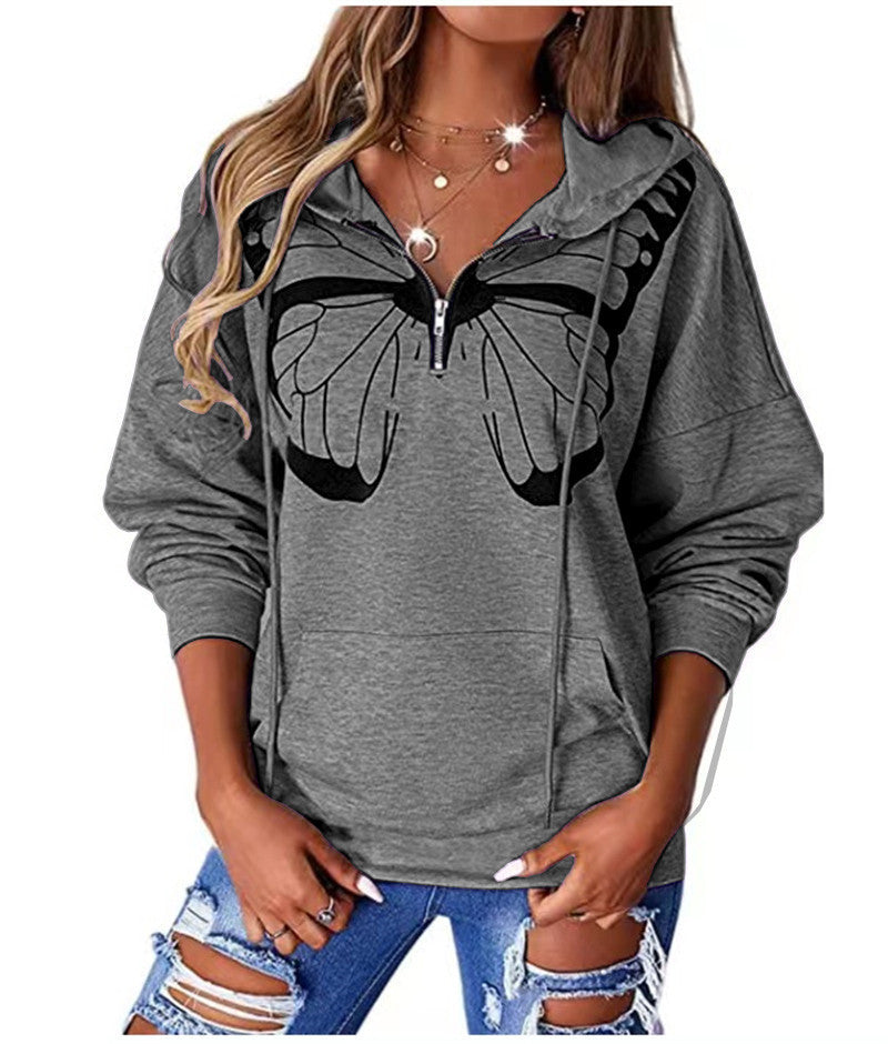 Women's Casual Hooded Butterfly Print Sweatshirt