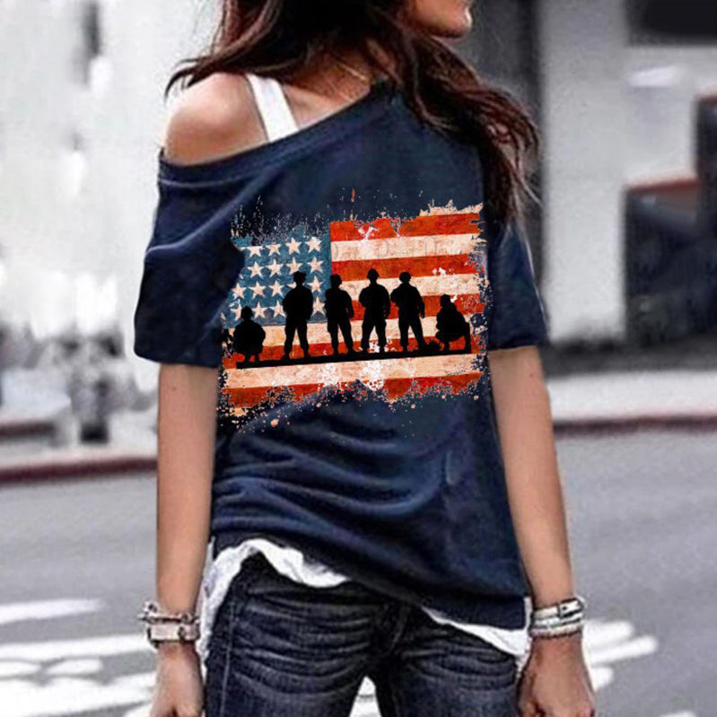 USA Flag Letter Print T-shirts For Women