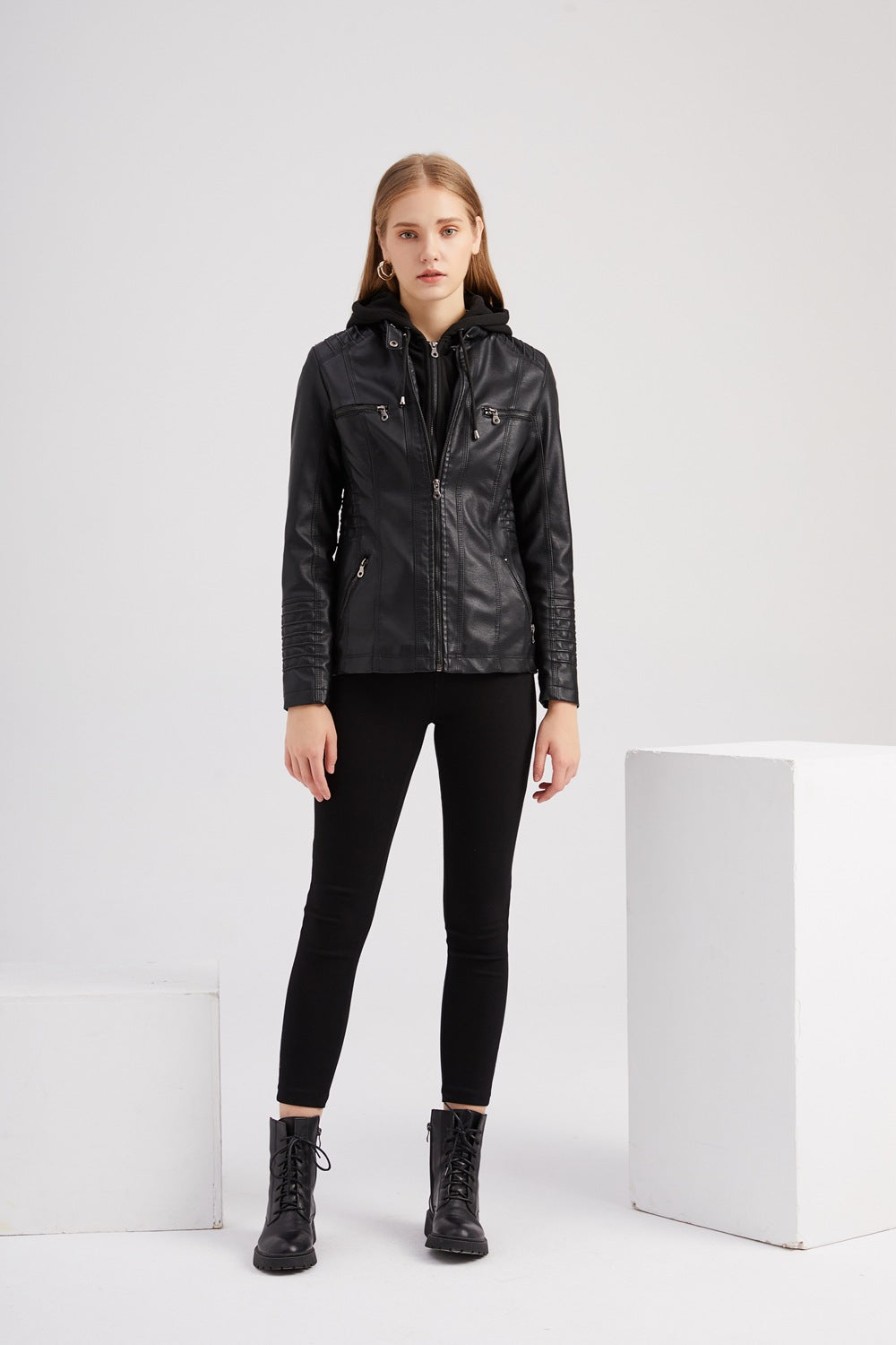 Women's Hooded Two-piece Detachable Plus Size Leather Jacket
