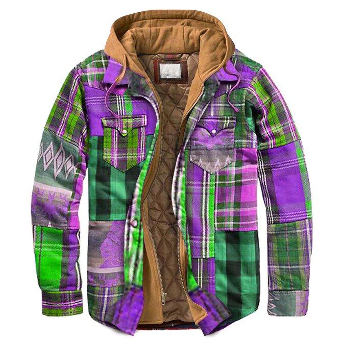 Men's Coat Casual Multicolor Stitching Thick Plaid Hooded Jacket