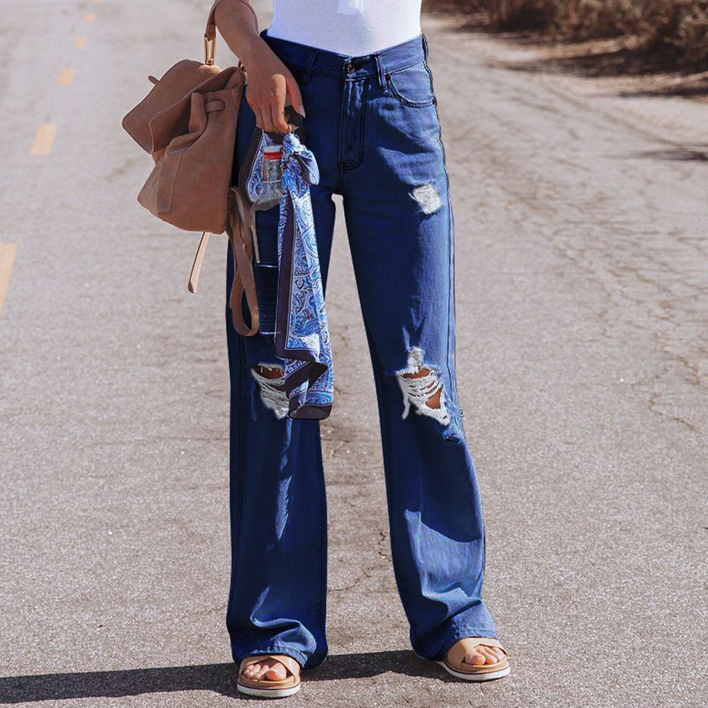 Women's High Waist Casual Ripped Long Jeans