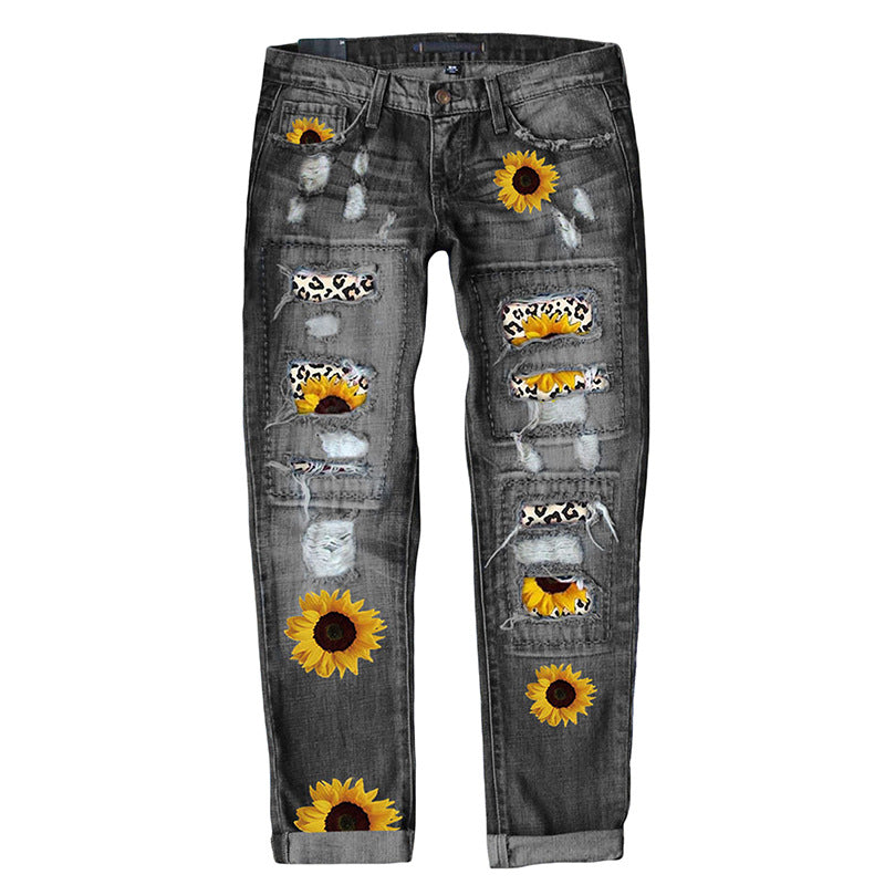 Women's Sunflower Print Denim Ripped Pants