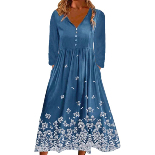 Women Printed V Neck Button Long Sleeve Dress