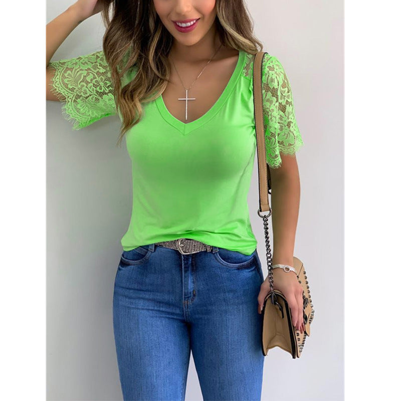 Women's Lace Short-Sleeved Stitching Top
