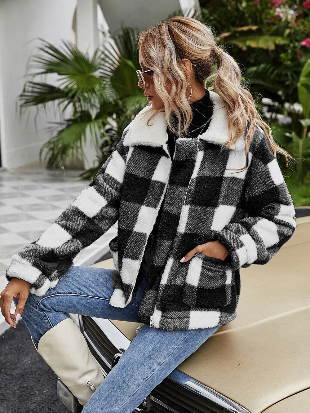 Women's Cardigan Lapel Plush Plaid Jacket