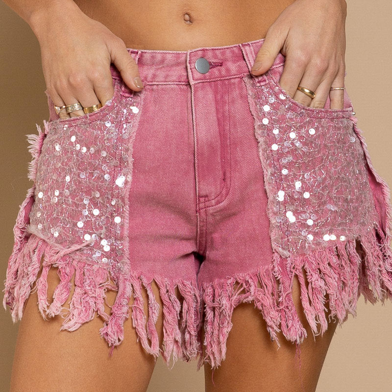 Women's Denim Sequined Fringed Shorts