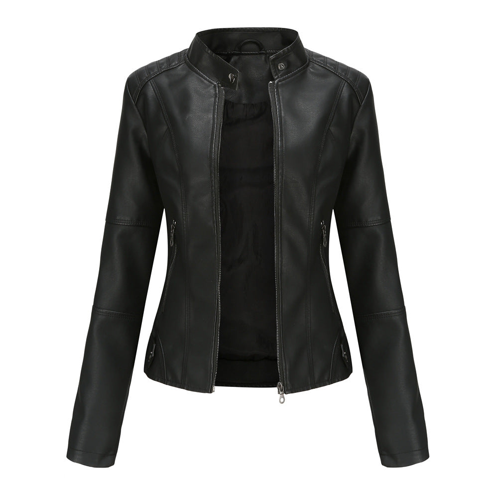 Slim-fit Stand-collar Leather Jacket Woman Biker Jacket