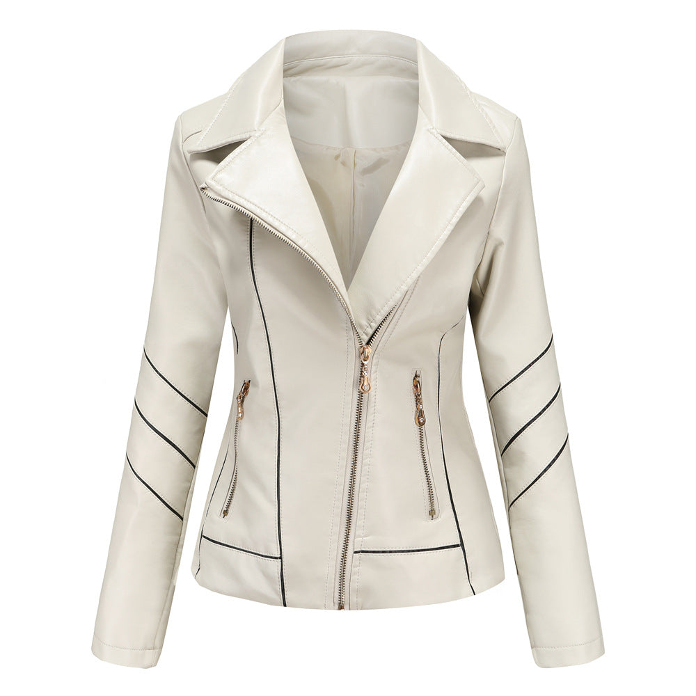 Slim Fit Stand Collar Leather Jacket For Women