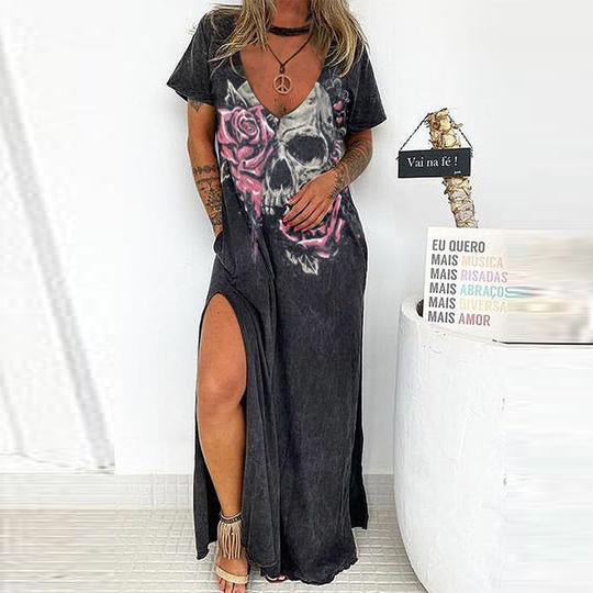 Women's V-neck Short-sleeved Loose Slit Dress