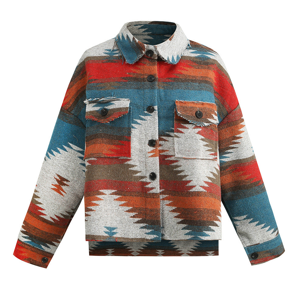 Aztec Geometric Slit Button Pocket Coat