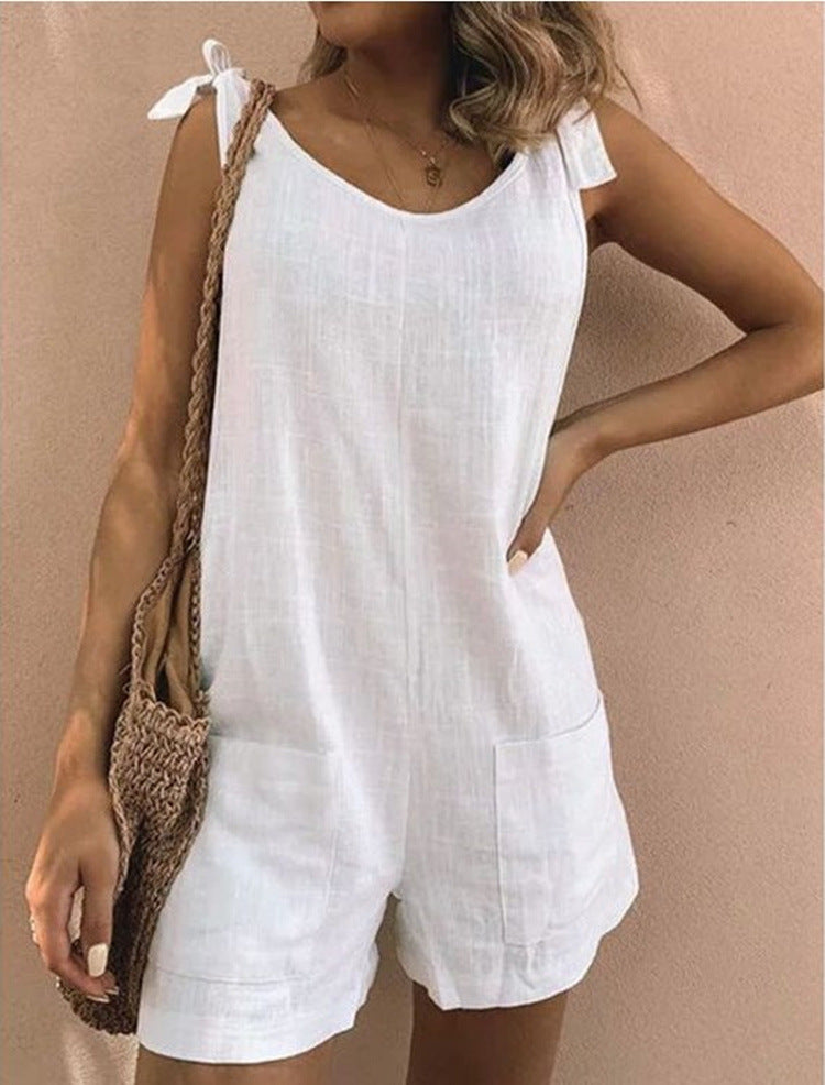 Women's Solid Color Cotton And Linen Patch Pocket Fashion Jumpsuit