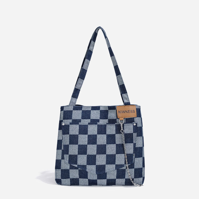 Woman Denim Plaid Large Capacity One-shoulder Handbag