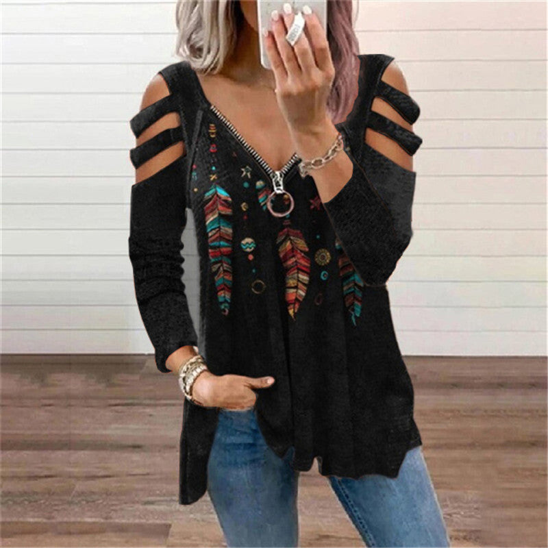 Women's Zip Pullover Long Sleeve Loose T-Shirt