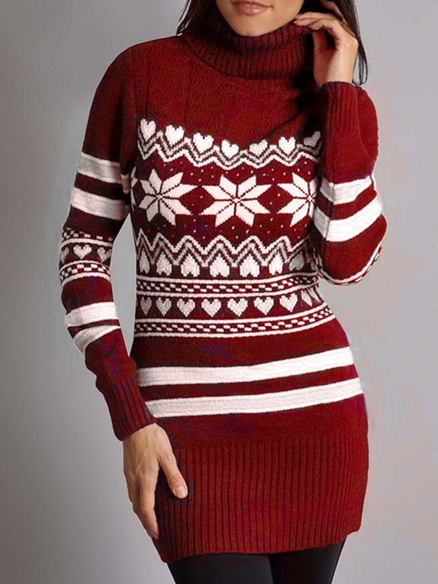 Women Christmas Snowflake Turtleneck Sweater Dress