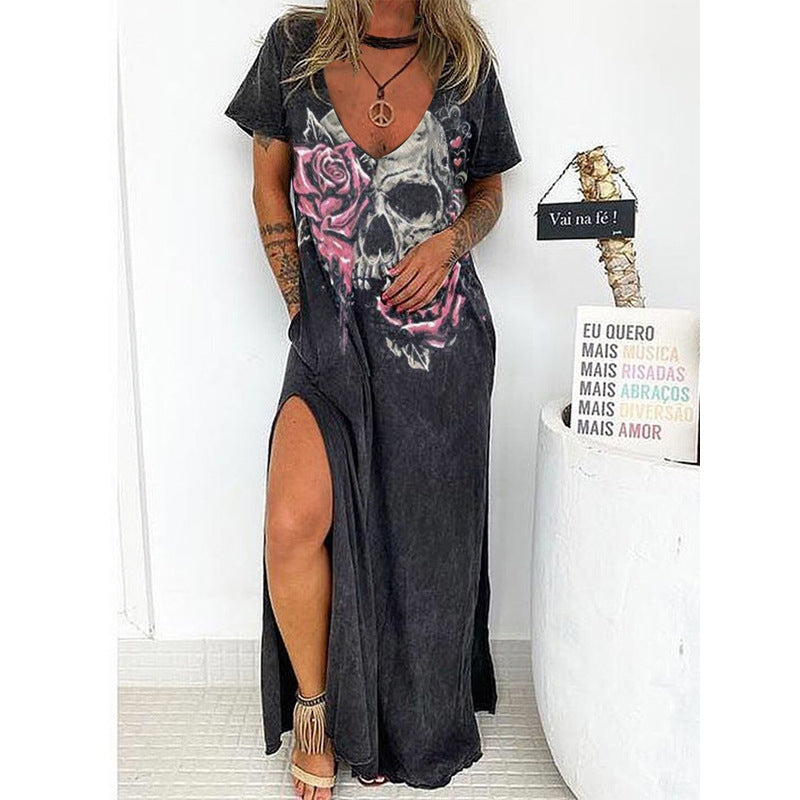 Women's V-neck Short-sleeved Loose Slit Dress