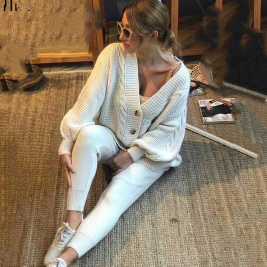 Women's Loose Jacket Knitted 2 Piece Set