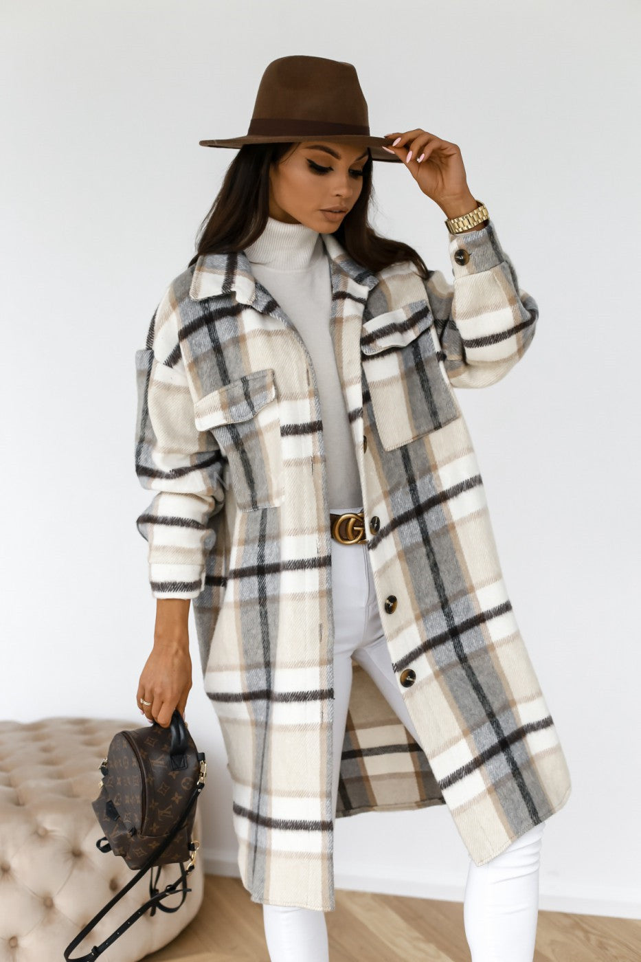 Women's Warm Plaid Long Woolen Coat